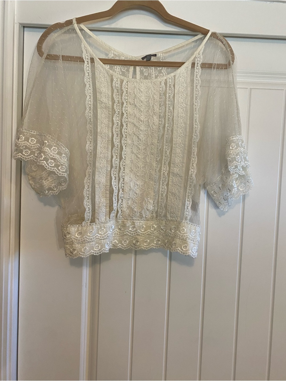 Charlotte Russe Ivory Sheer Lace Crochet-Trim Blouse y2k
